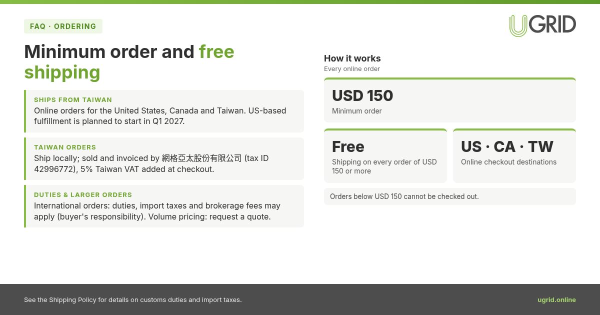 Infographic: USD 150 minimum order, free shipping, ships from Taiwan to the US, Canada and Taiwan